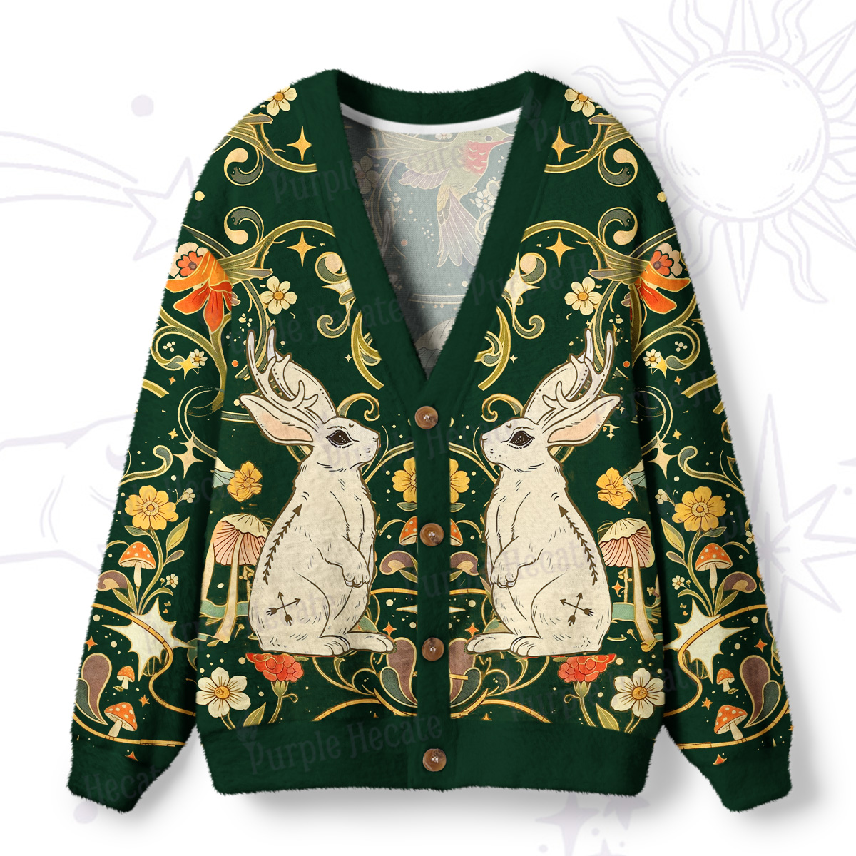 Purplehecate Antlered White Rabbit Secret Forest Ugly Cardigan Sweaters