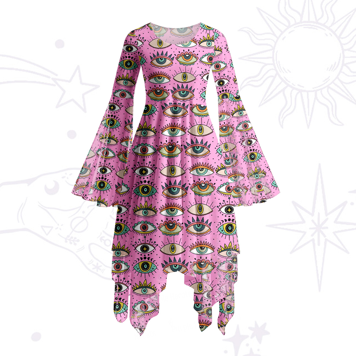 Purplehecate Evil Eye Pattern Bell Sleeve Dress