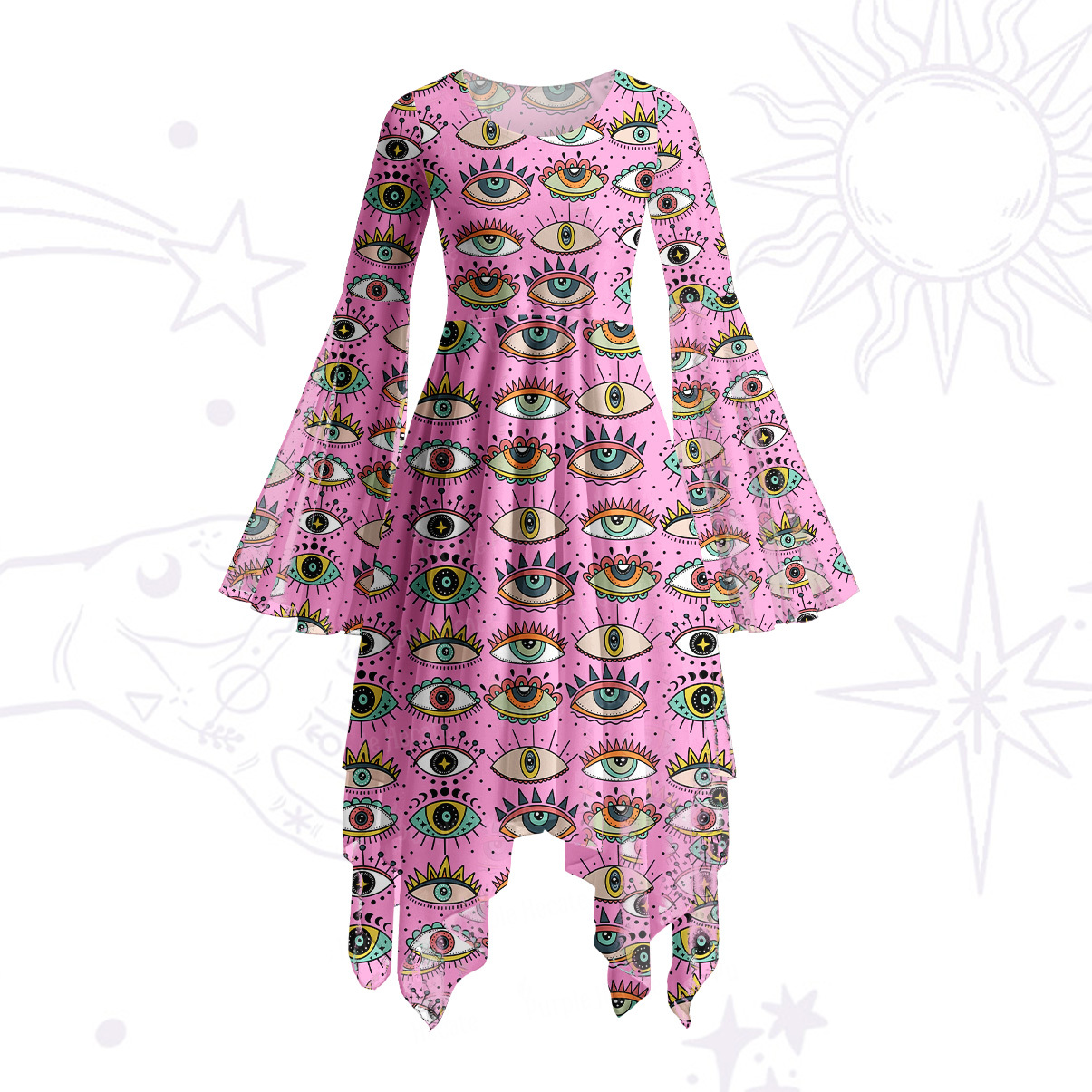Purplehecate Evil Eye Pattern Bell Sleeve Dress
