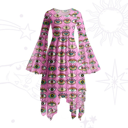 Purplehecate Evil Eye Pattern Bell Sleeve Dress