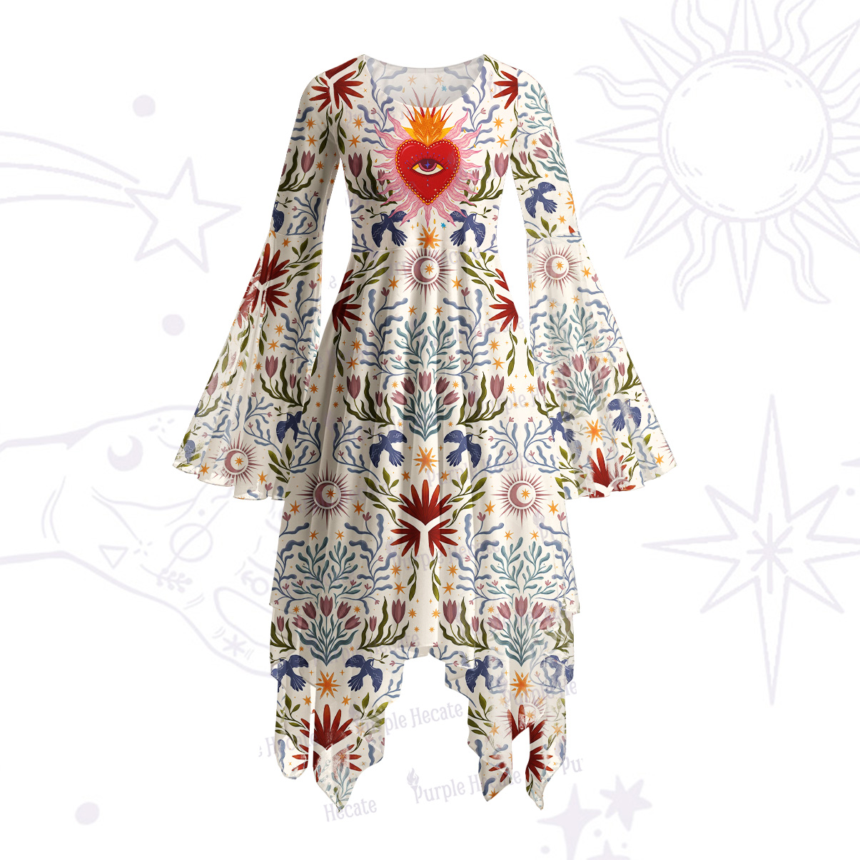 Purplehecate Sacred Flame Heart Bell Sleeve Dress