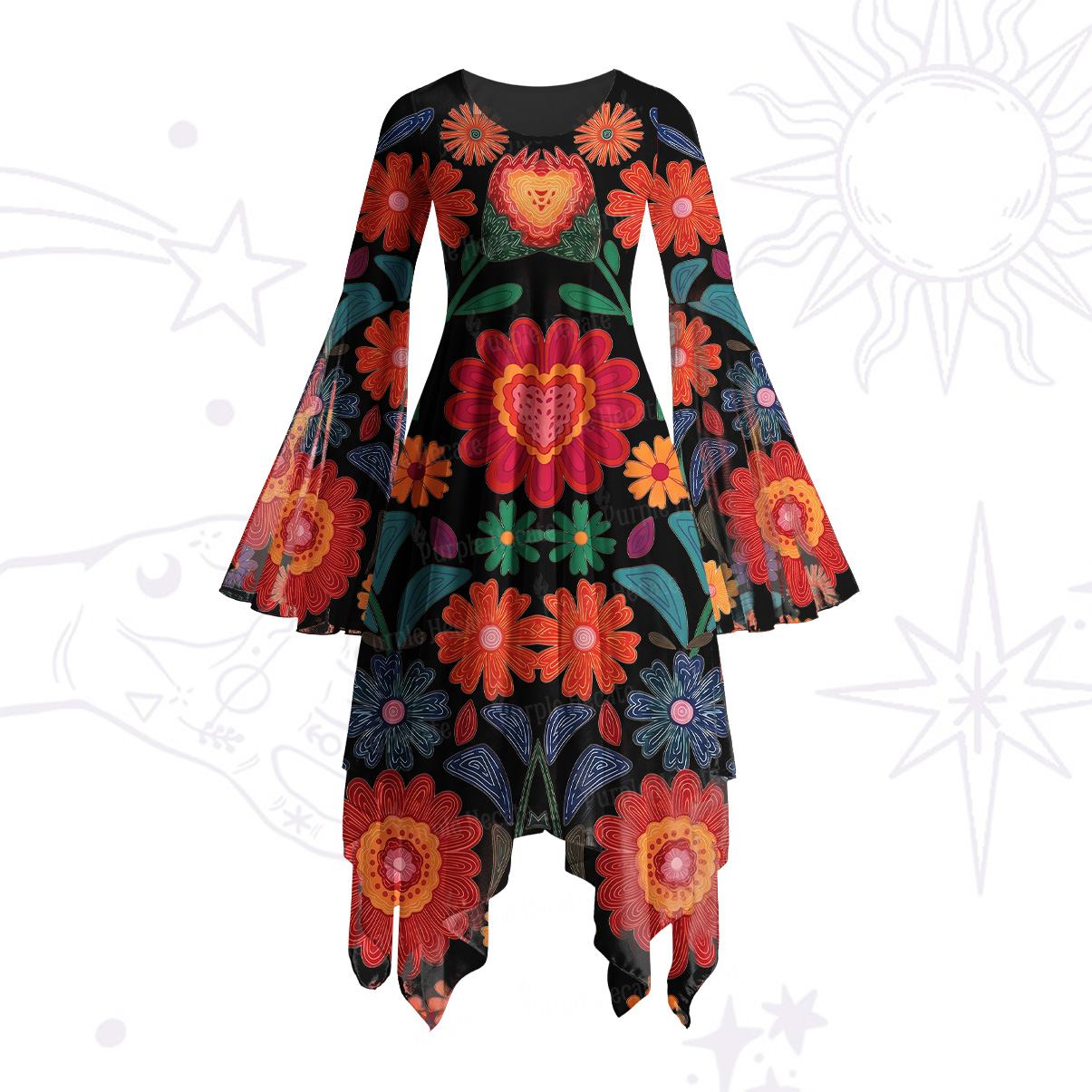 Purplehecate Retro Bloom Folk Floral Bell Sleeve Dress