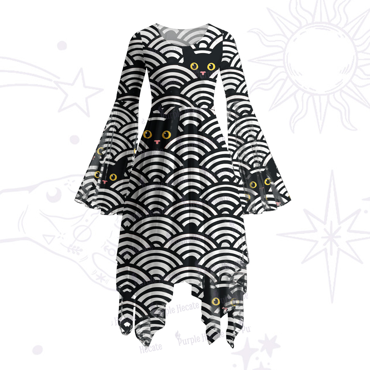 Purplehecate Rainbow Black Cat Waves Bell Sleeve Dress