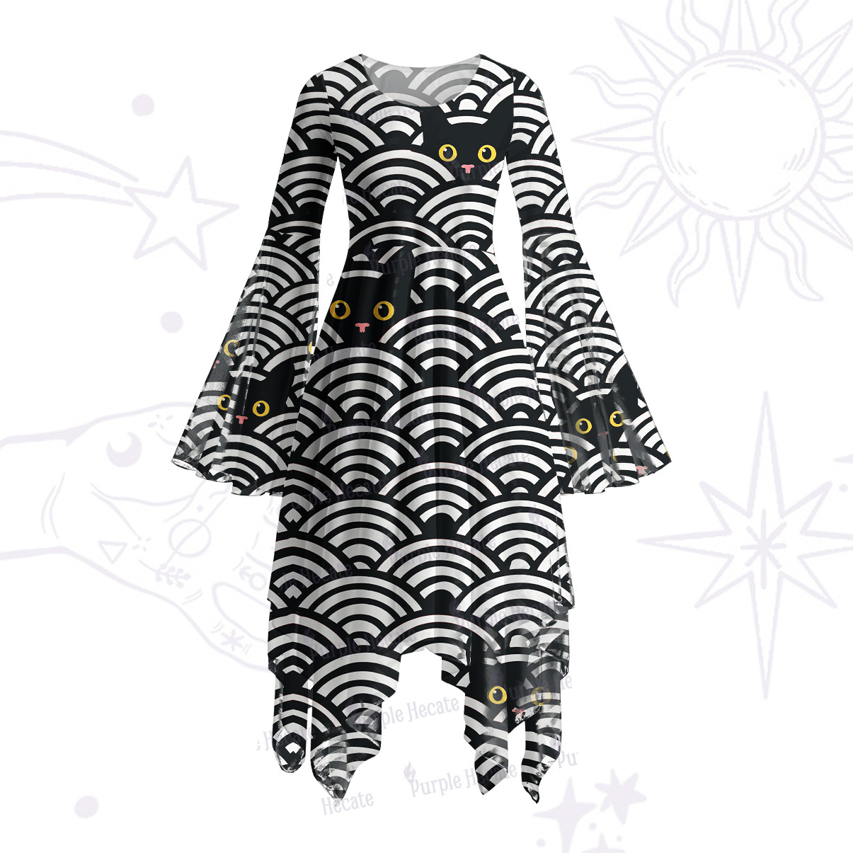 Purplehecate Rainbow Black Cat Waves Bell Sleeve Dress