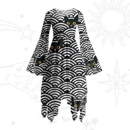 Purplehecate Rainbow Black Cat Waves Bell Sleeve Dress