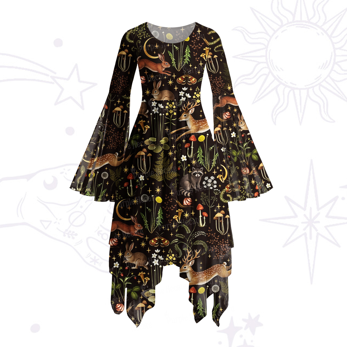 Purplehecate Enchanted Forest Animals Bell Sleeve Dress