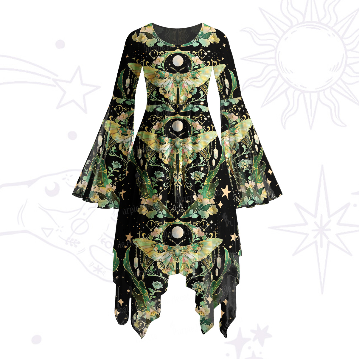 Purplehecate Moon Moth Rave Bell Sleeve Dress