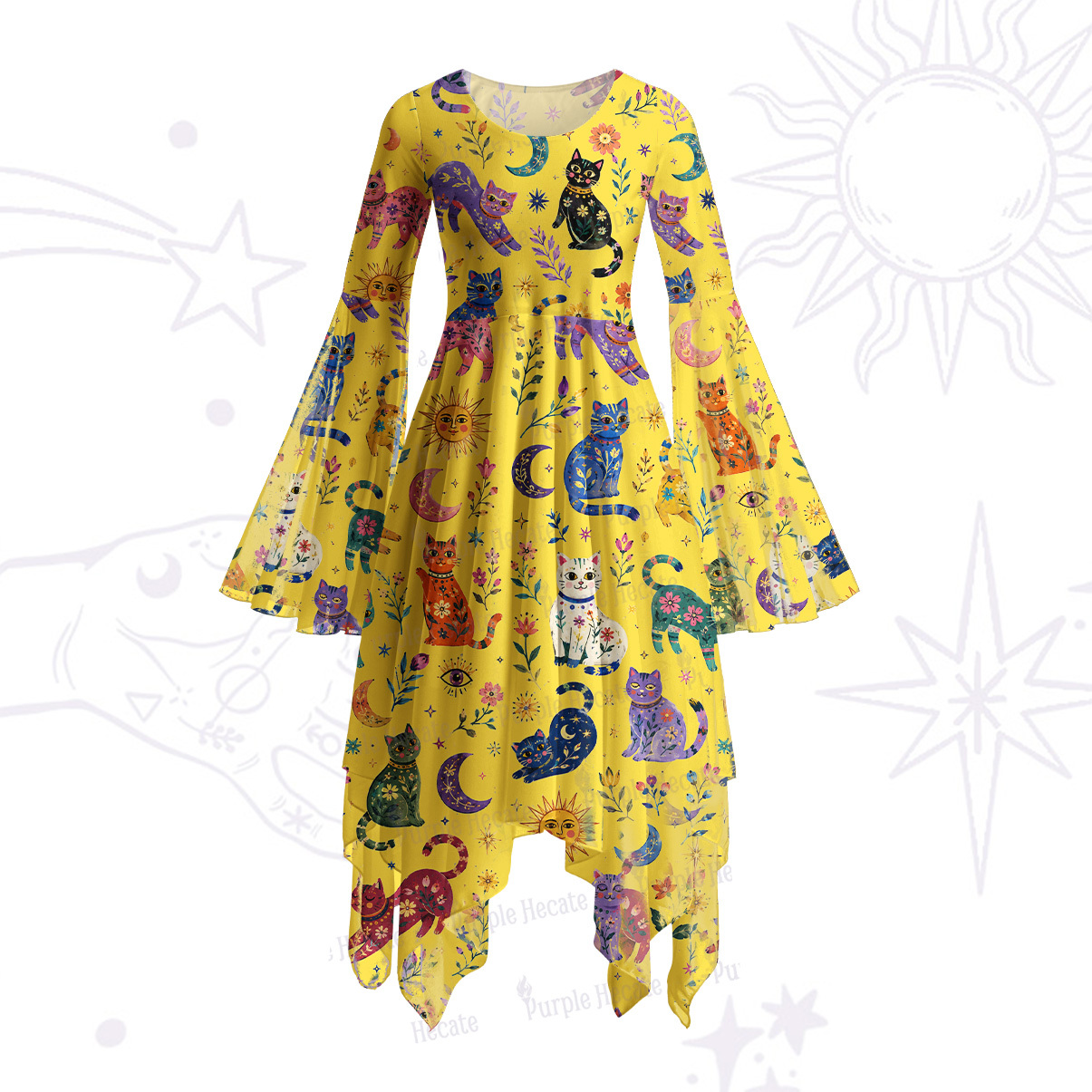 Purplehecate Rainbow Magic Cats Bell Sleeve Dress