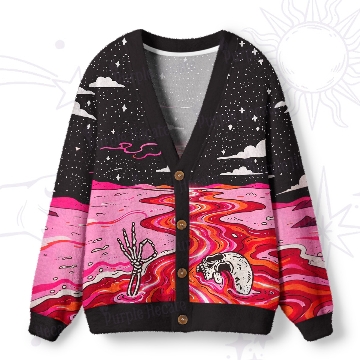 Purplehecate Skull River of the Dead Ugly Cardigan Sweaters