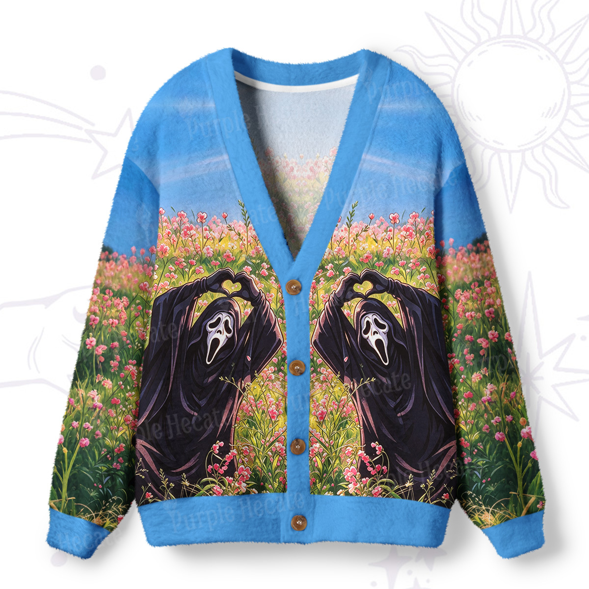 Purplehecate Flower Field Ghost Face Heart Hands Ugly Cardigan Sweaters