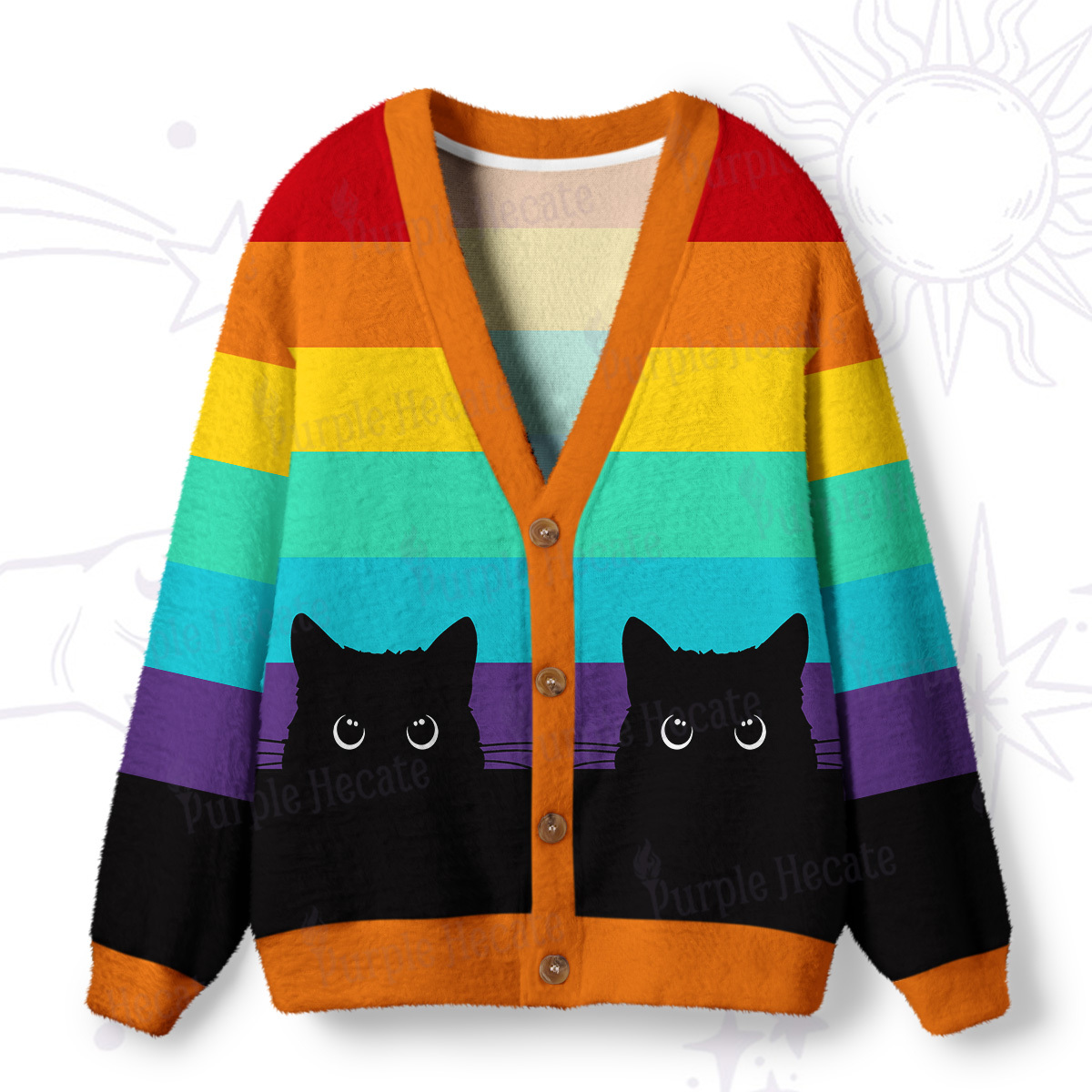 Purplehecate Little Black Cats Under the Rainbow Ugly Cardigan Sweaters