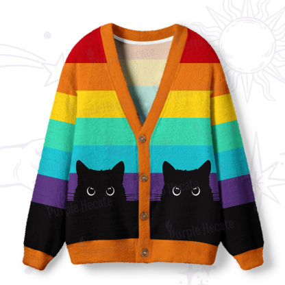 Purplehecate Little Black Cats Under the Rainbow Ugly Cardigan Sweaters