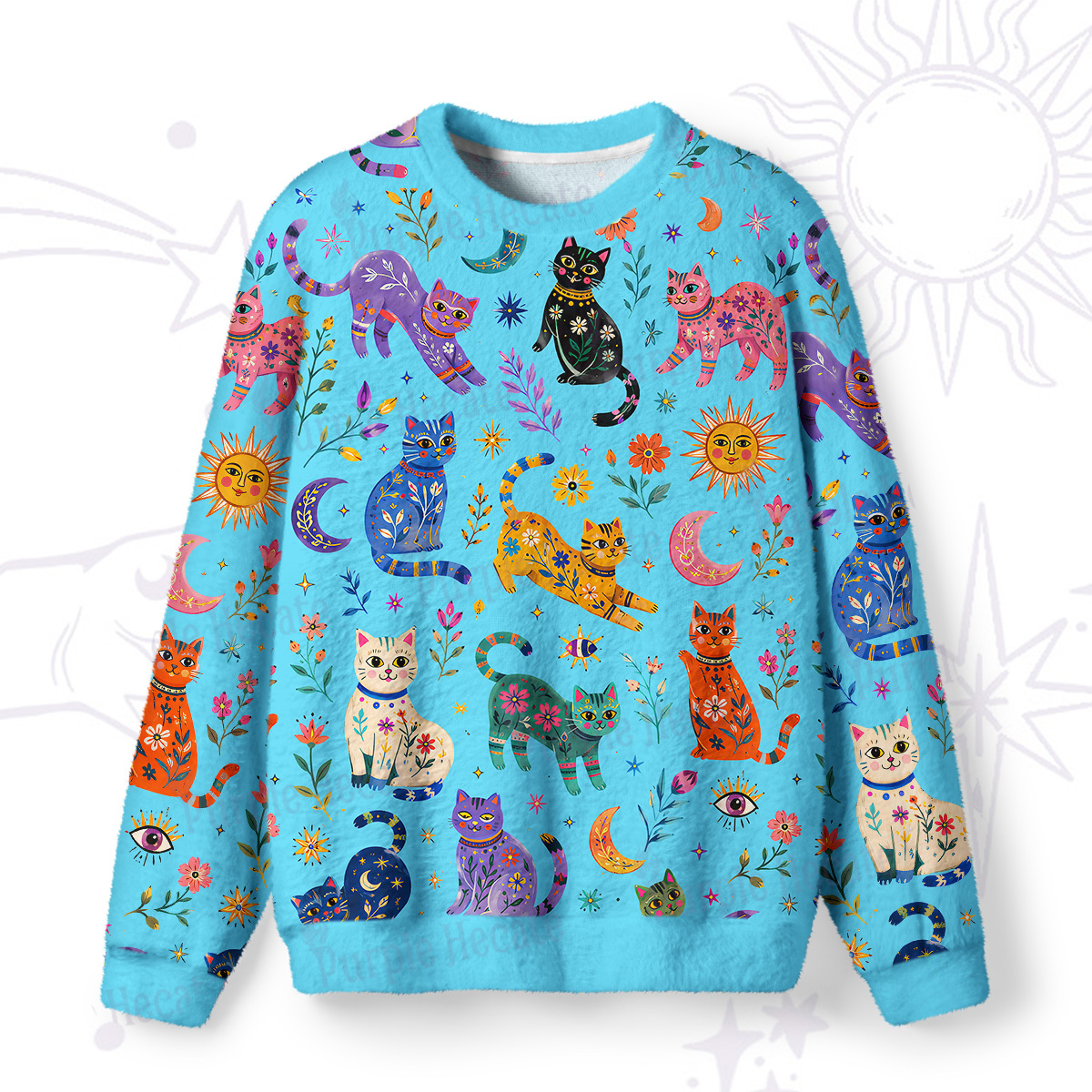 Purplehecate Rainbow Magic Cats Fuzzy Ugly Sweatshirt
