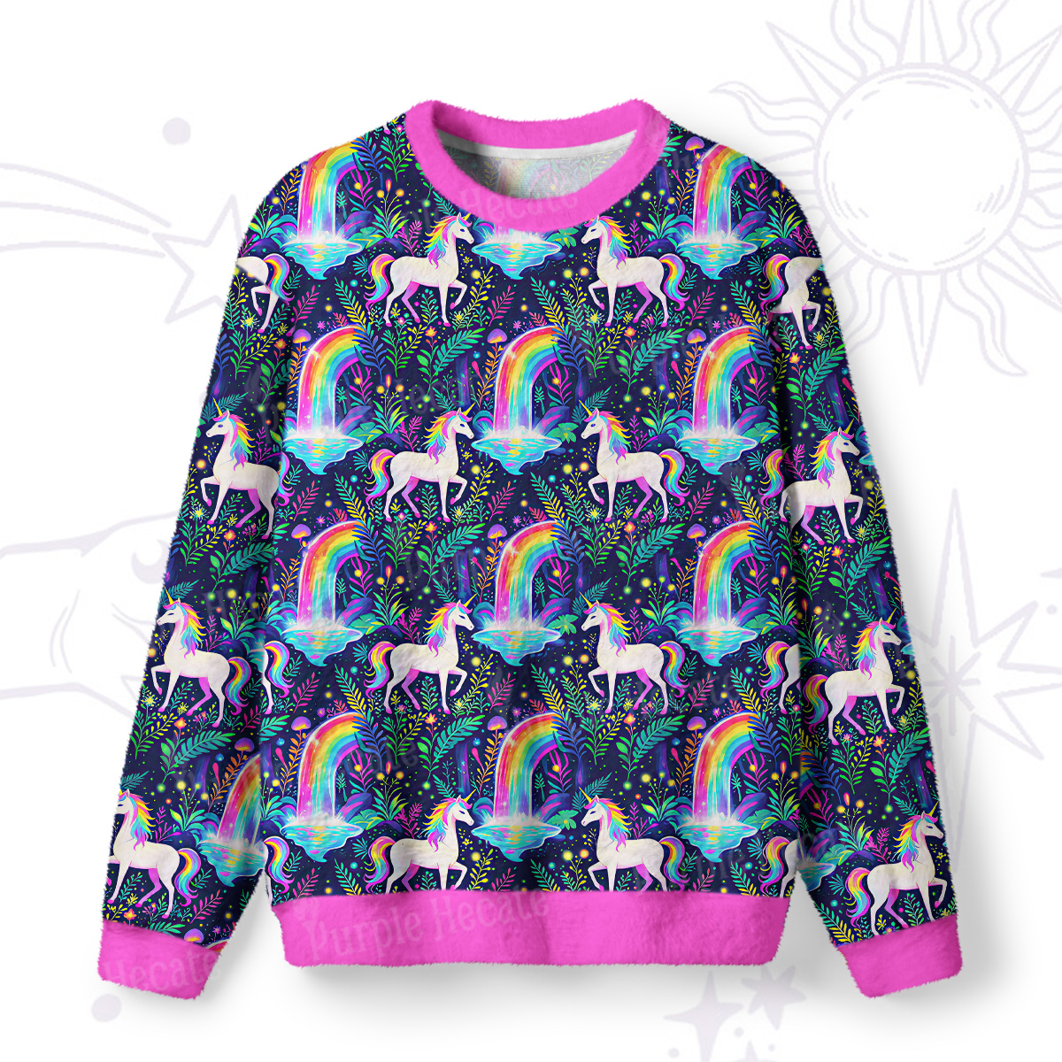 Purplehecate Rainbow Forest Unicorn Fuzzy Ugly Sweatshirt