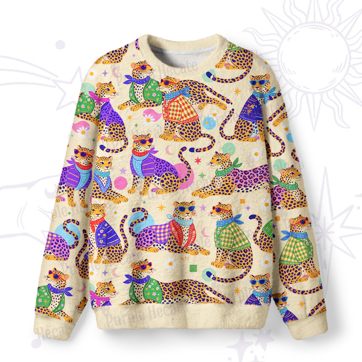 Purplehecate Groovy Jungle Rainbow Leopards Fuzzy Ugly Sweatshirt