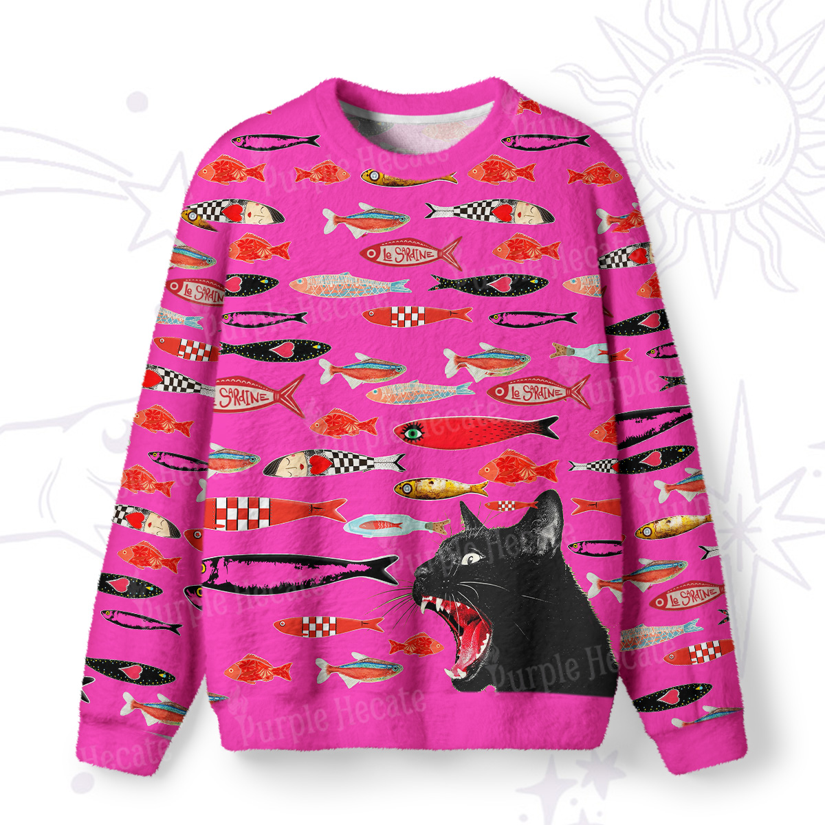 Purplehecate Mystic Black Cat Canned Fish Fuzzy Ugly Sweatshirt