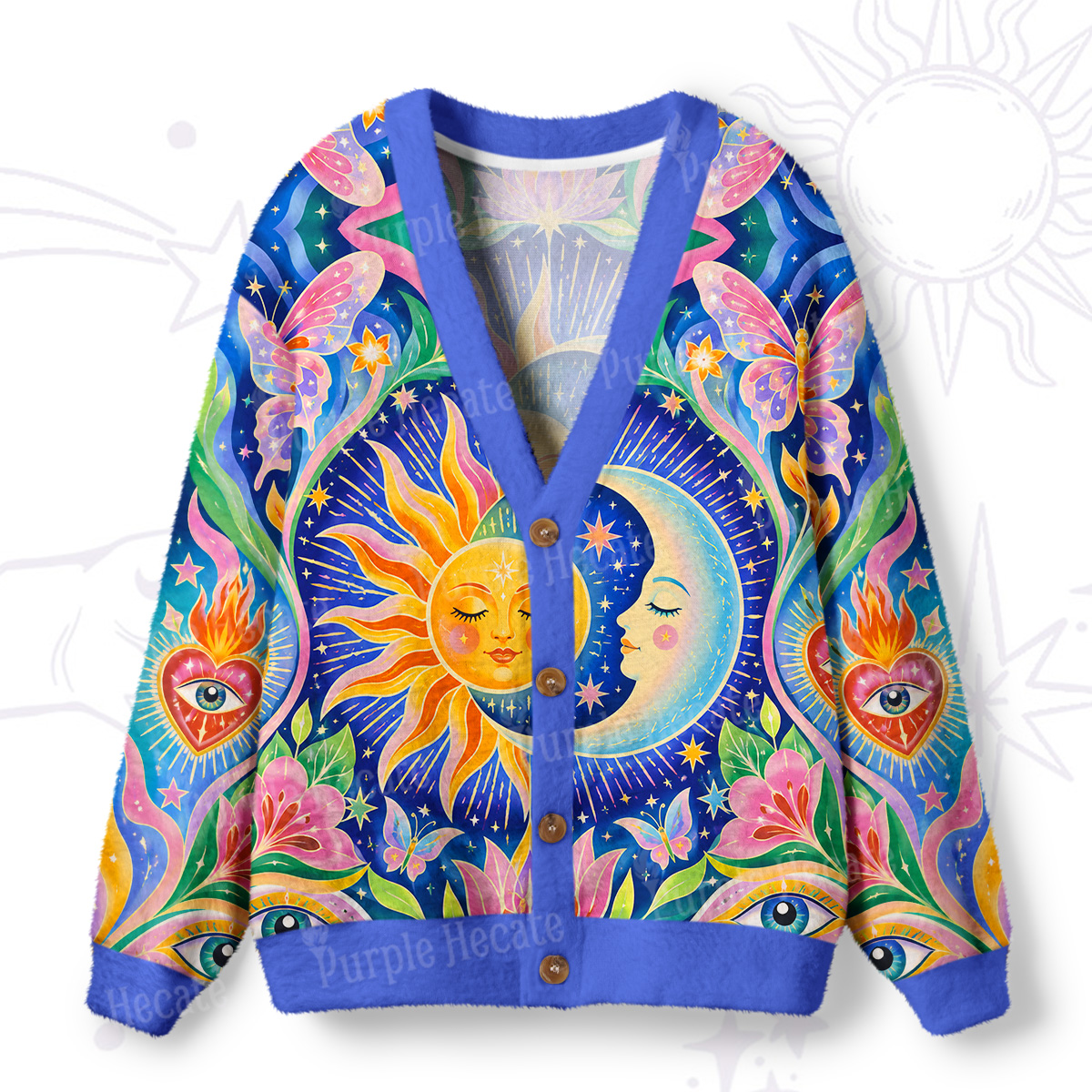 Purplehecate Cosmic Sun & Moon Lotus Ugly Cardigan Sweaters