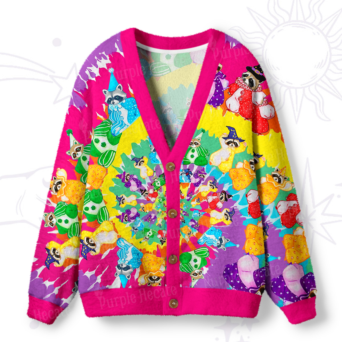 Purplehecate Rainbow Kaleidoscope Raccoon Ugly Cardigan Sweaters