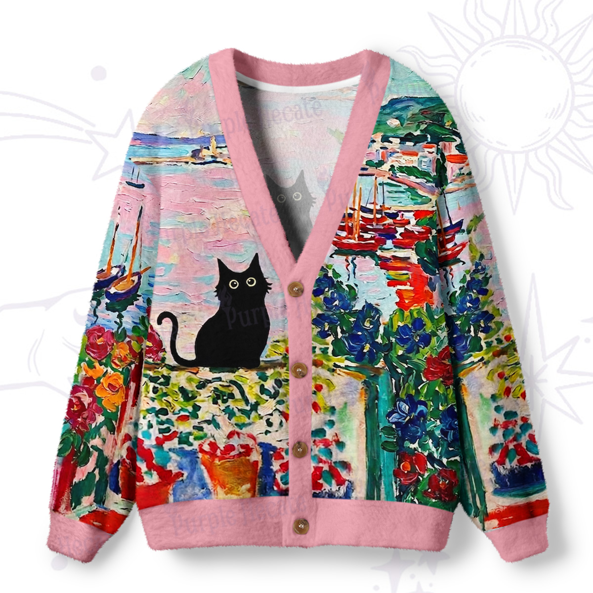 Purplehecate Spring Mystic Black Cat Painting Ugly Cardigan Sweaters