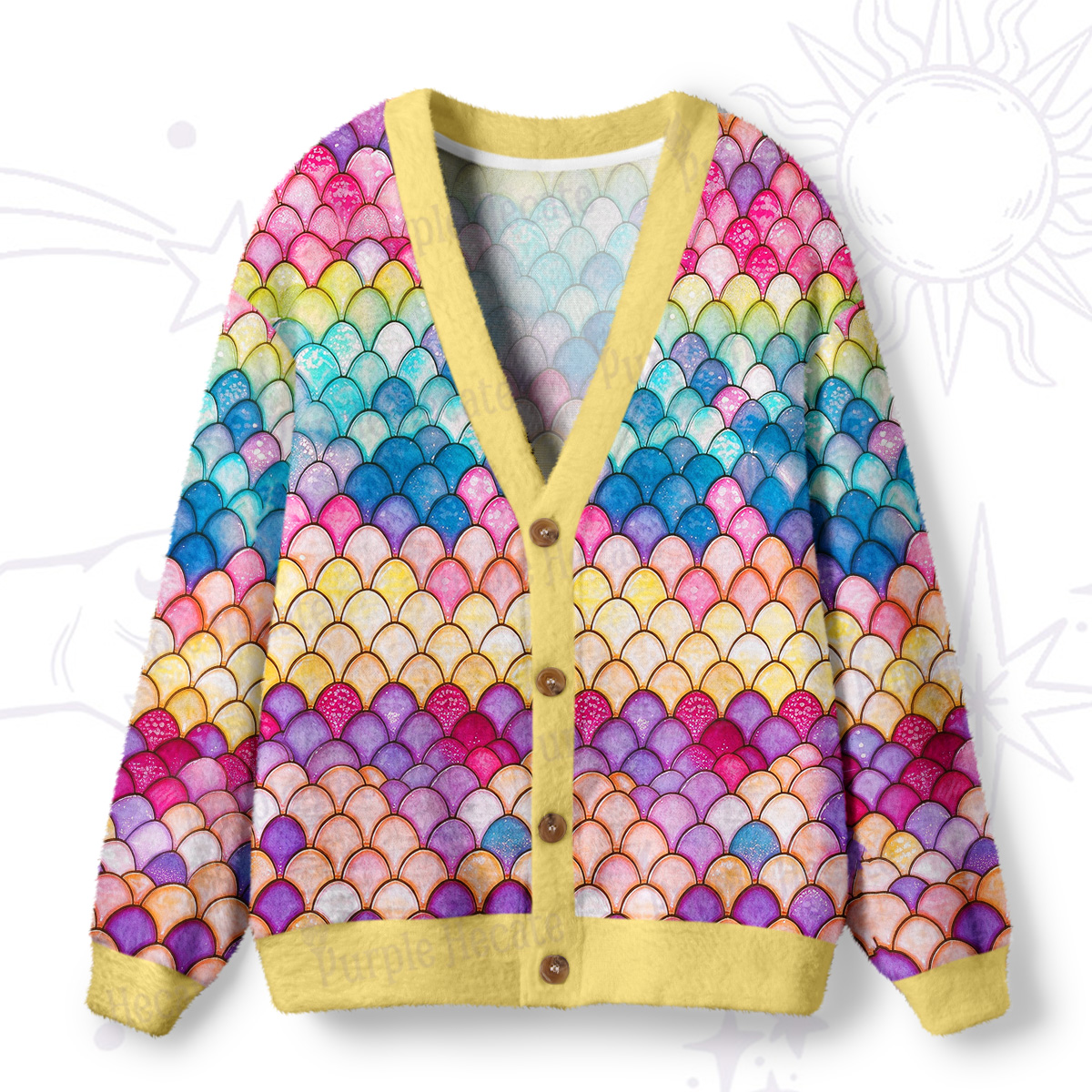 Purplehecate Colorful Mermaid Fish Scales Ugly Cardigan Sweaters