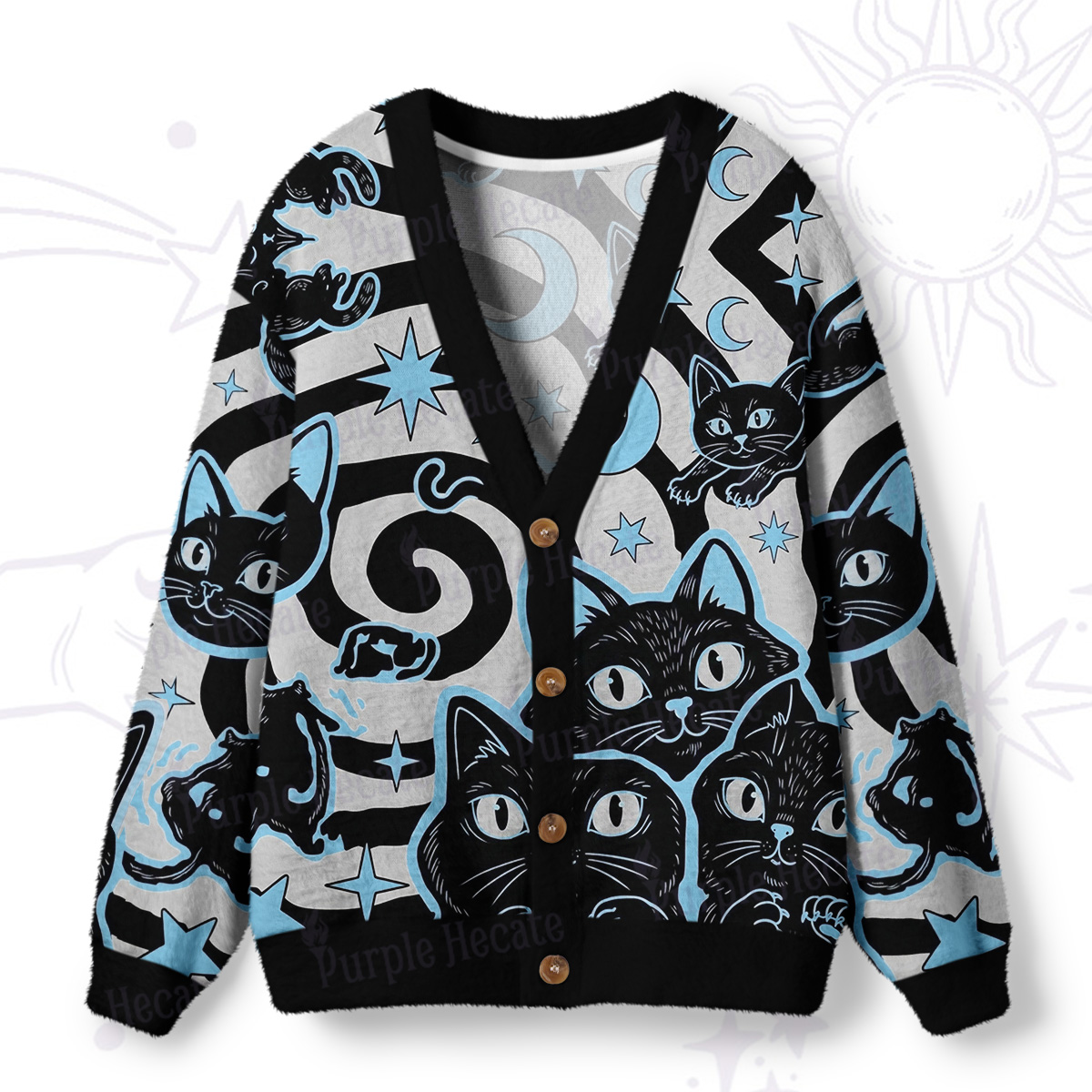 Purplehecate Lunar Magic Black Cat Ugly Cardigan Sweaters