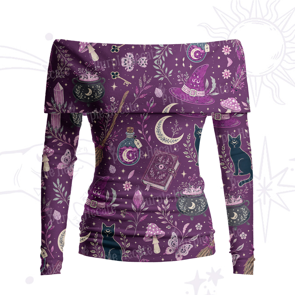 Purplehecate Witchcraft Spellbook Off Shoulder Long Sleeve Knit Top