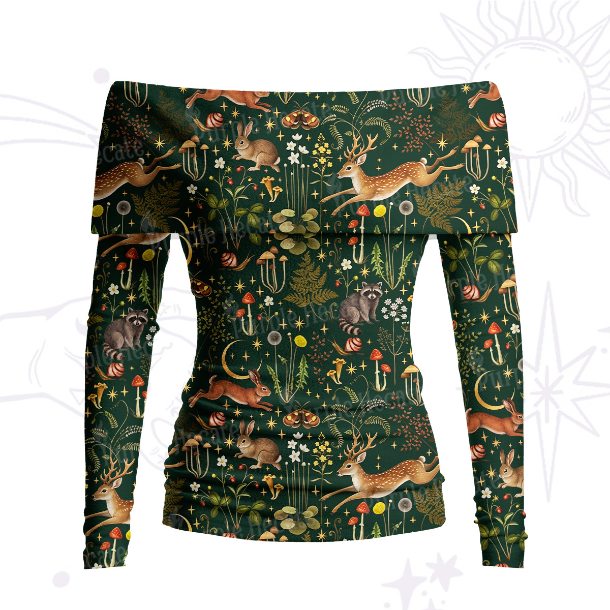 Purplehecate Enchanted Forest Animals Off Shoulder Long Sleeve Knit Top