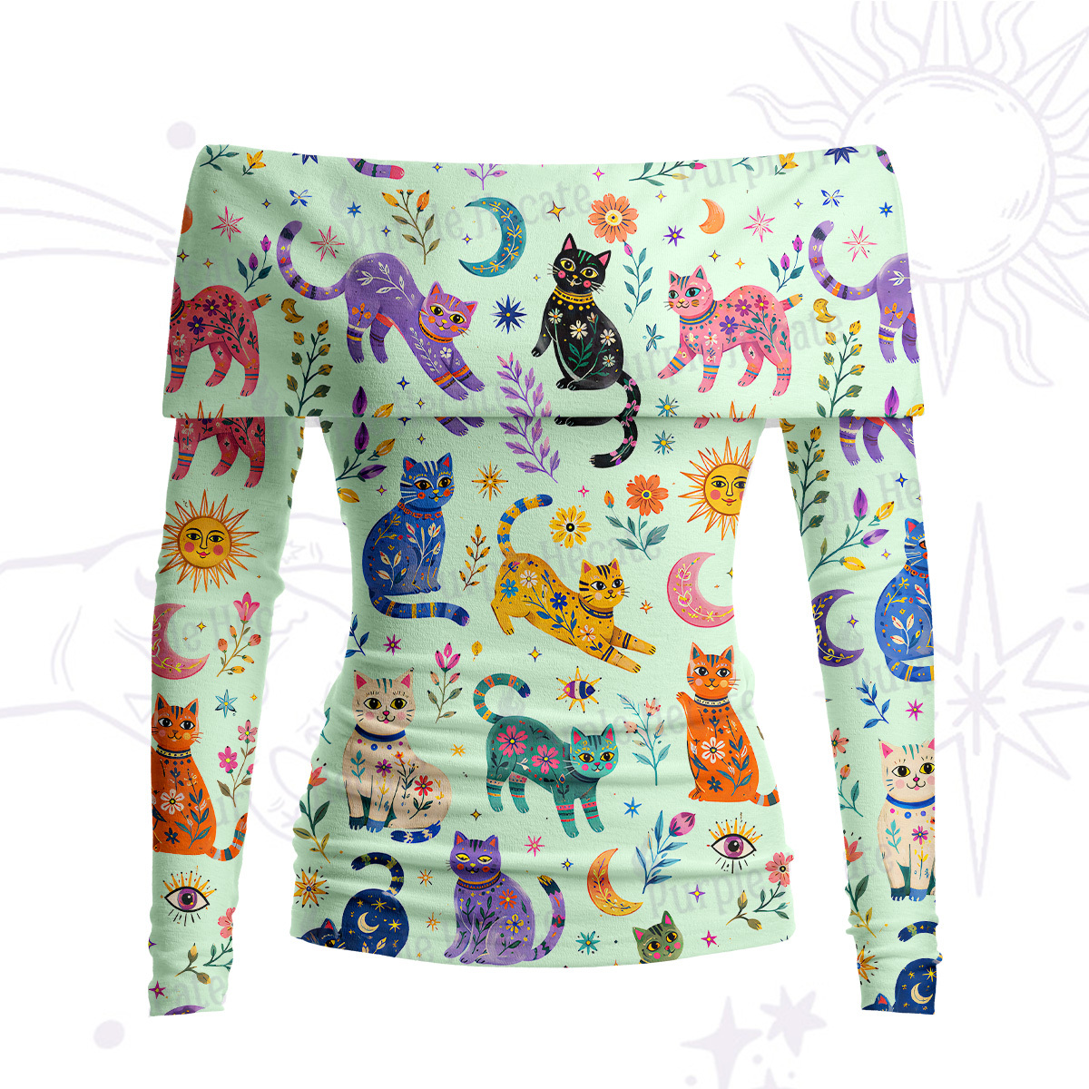 Purplehecate Rainbow Magic Cats Off Shoulder Long Sleeve Knit Top