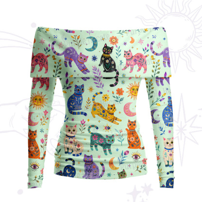 Purplehecate Rainbow Magic Cats Off Shoulder Long Sleeve Knit Top