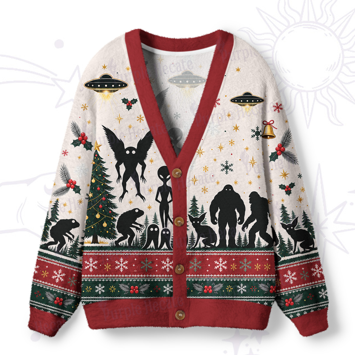 Purplehecate Alien Cryptid Encounter Ugly Cardigan Sweaters