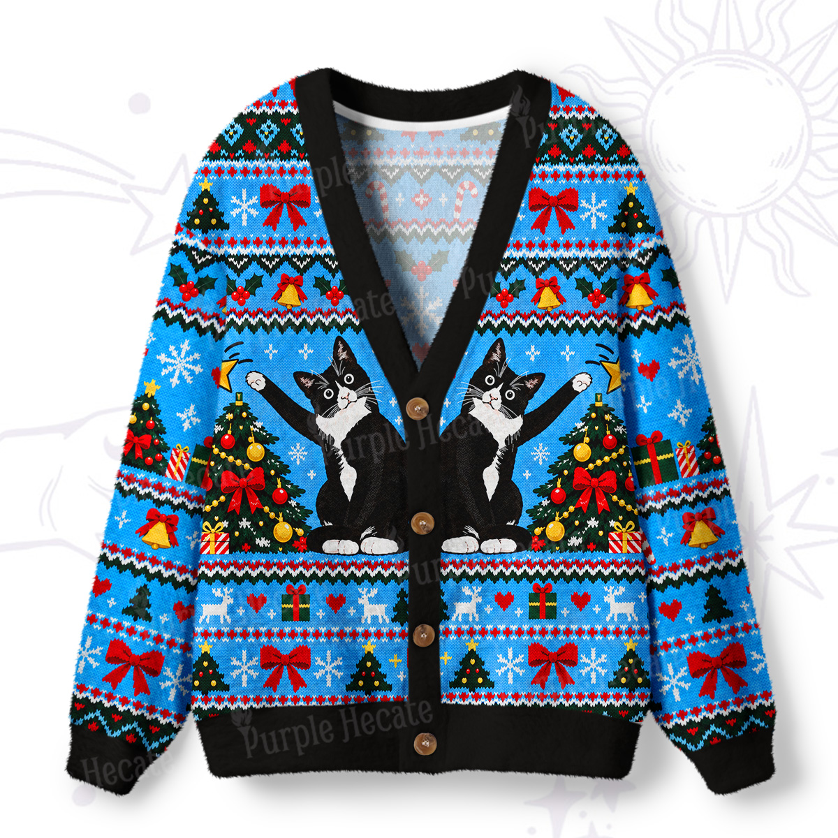 Purplehecate The Great Christmas Tree Cat-astrophe Ugly Cardigan Sweaters