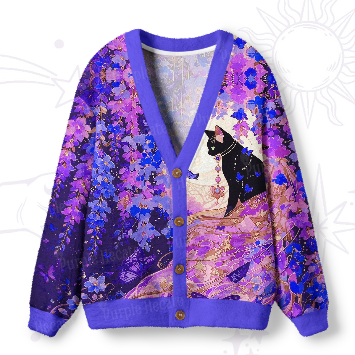 Purplehecate Mystic Cat in Wisteria Bloom Ugly Cardigan Sweaters
