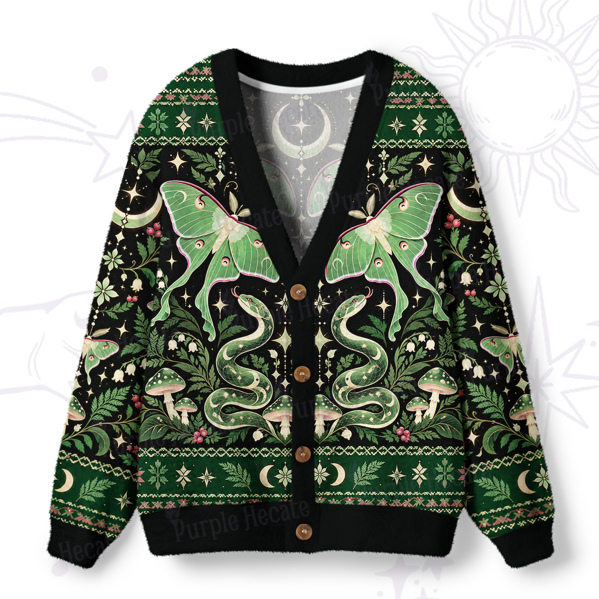 Purplehecate Luna Moth and Snake Forest Green Ugly Cardigan Sweaters