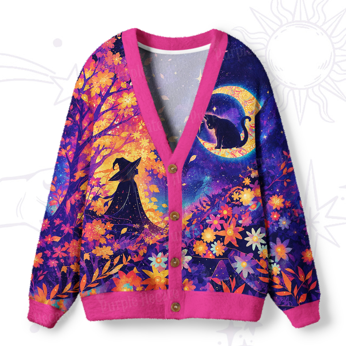 Purplehecate Midnight Witch and Black Cat Ugly Cardigan Sweaters