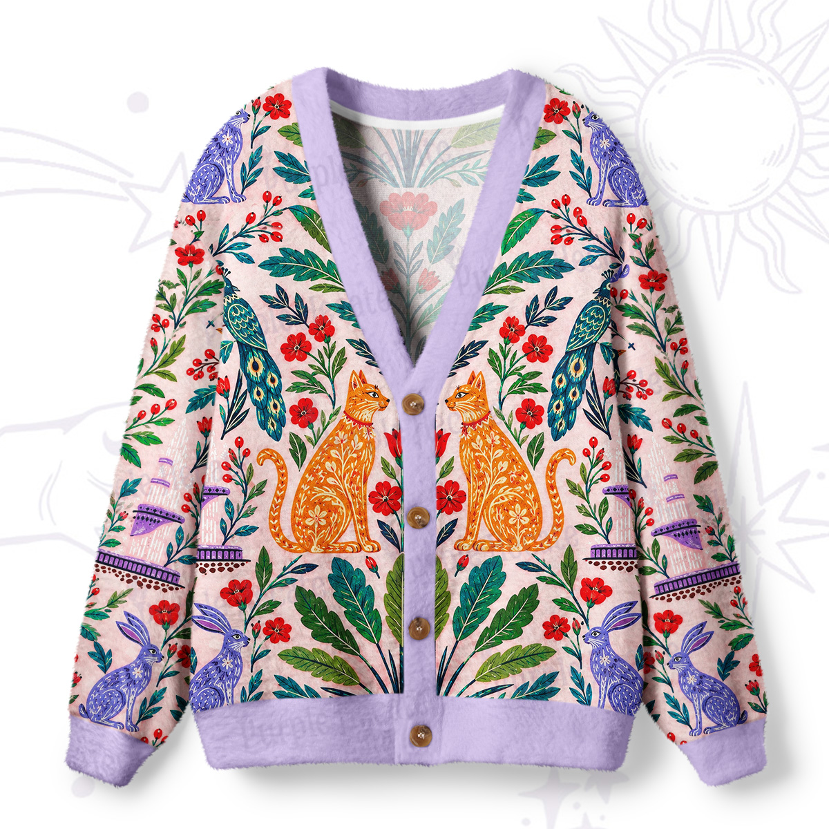 Purplehecate Vintage Folk Art Cat and Peacock Ugly Cardigan Sweaters