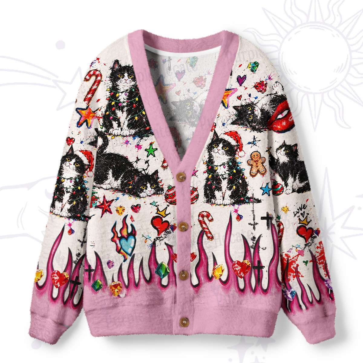 Purplehecate Funny Flame Black Cat Christmas Graffiti Ugly Cardigan Sweaters