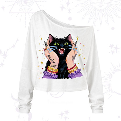 Purplehecate Feral Cat Magic One Shoulder Long Sleeve Shirt