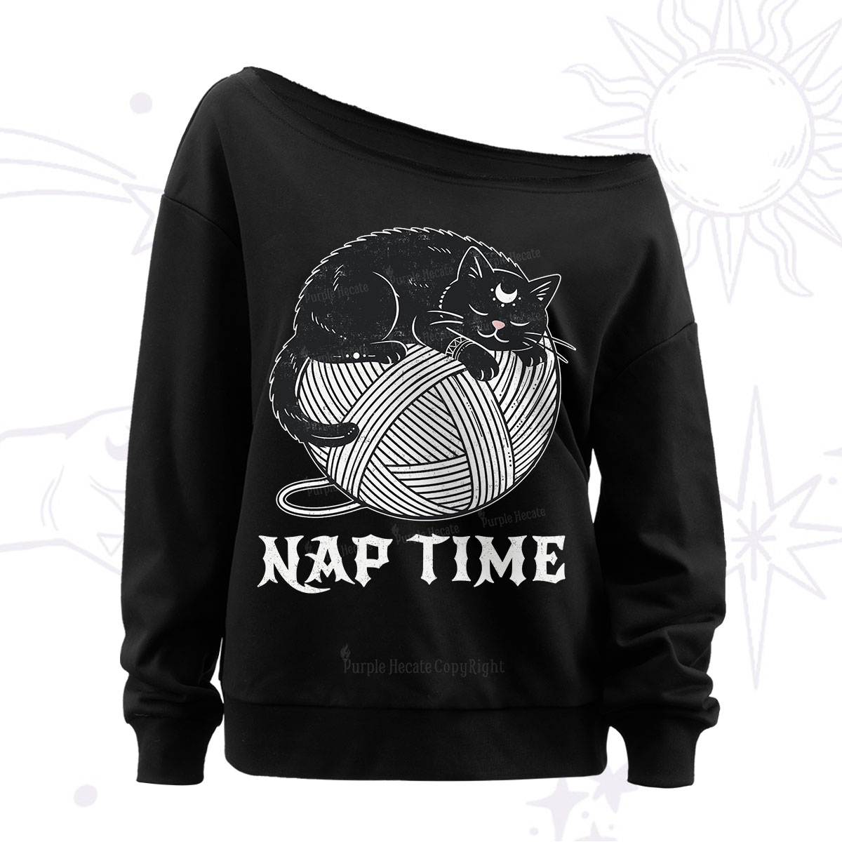 Purplehecate Nap Time Cat Off The Shoulder Sweatshirt