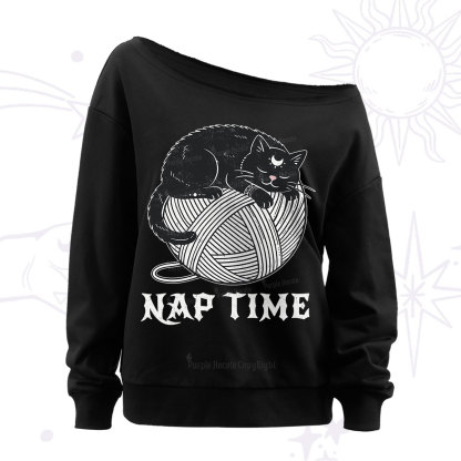 Purplehecate Nap Time Cat Off The Shoulder Sweatshirt
