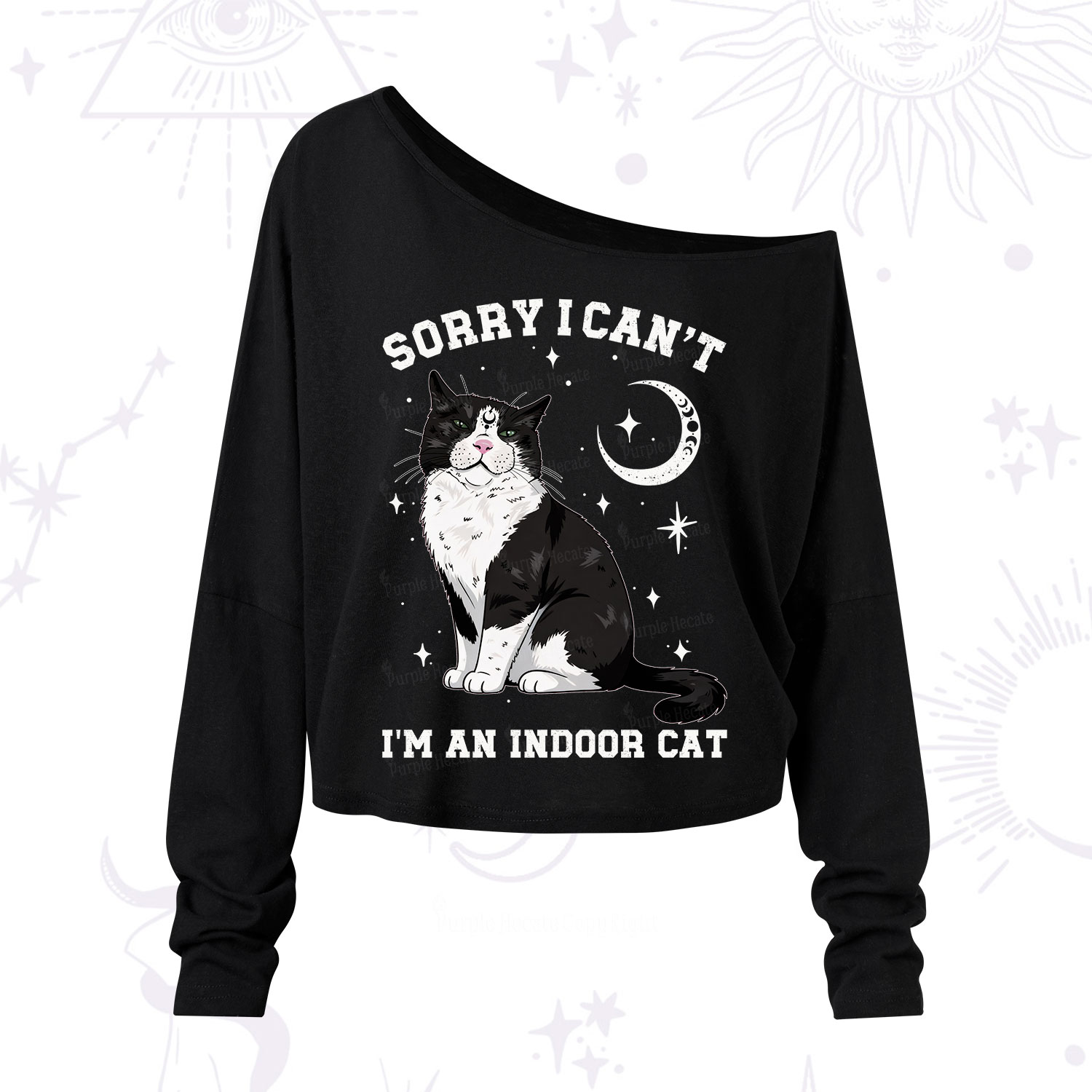 Purplehecate Sorry I Can't Go I'm an Indoor Cat One Shoulder Long Sleeve Shirt