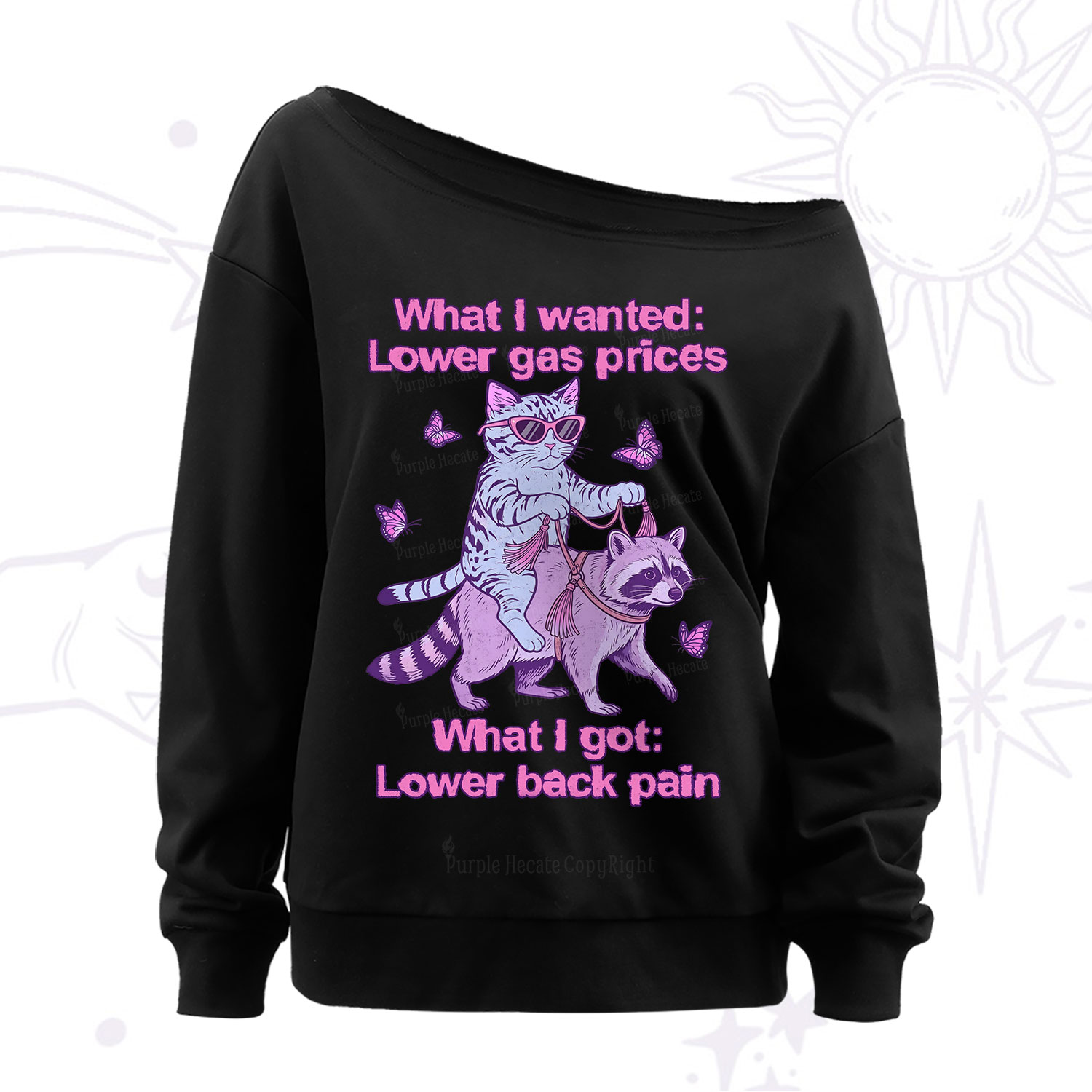 Purplehecate Lower Gas Prices Lower Back Pain Cat Off The Shoulder Sweatshirt