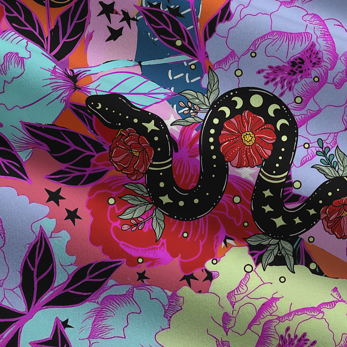 Purplehecate Enchanted Black Serpent & Floral Pattern Wide Leg Jumpsuit