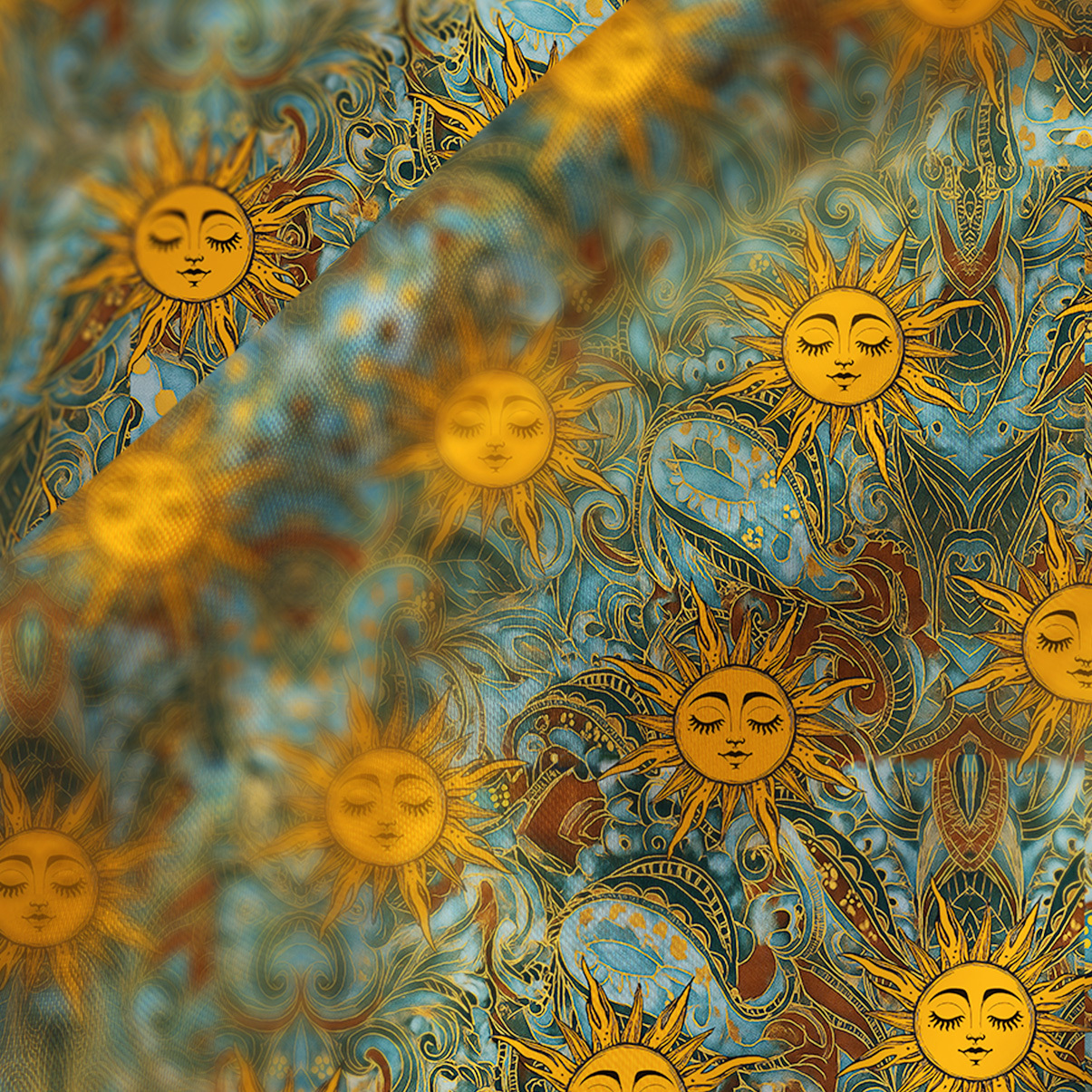 Purplehecate Golden Sun Wheel Satin Cross Back Mini Dress