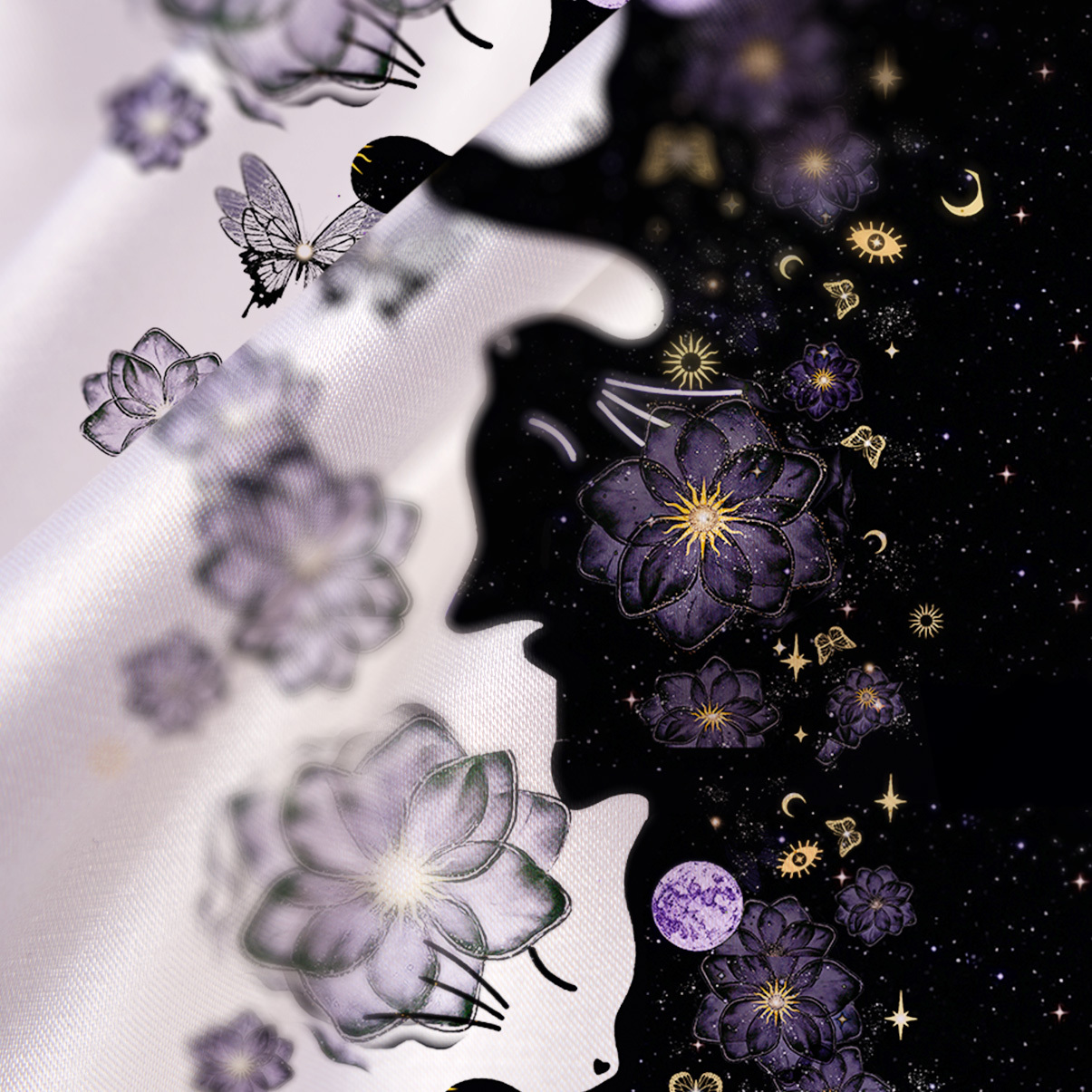 Purplehecate Starlit Cats & Butterflies Satin Cross Back Mini Dress