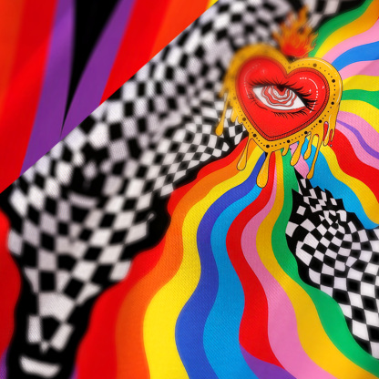 Purplehecate Trippy Rainbow Heart Eye Satin Cross Back Mini Dress