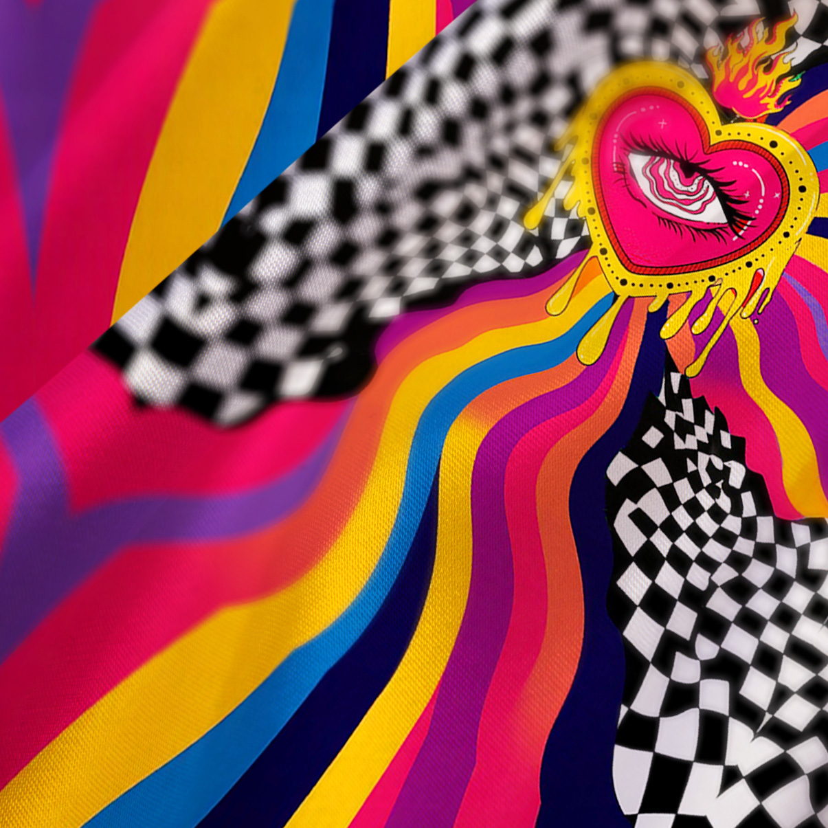 Purplehecate Trippy Rainbow Heart Eye Satin Cross Back Mini Dress