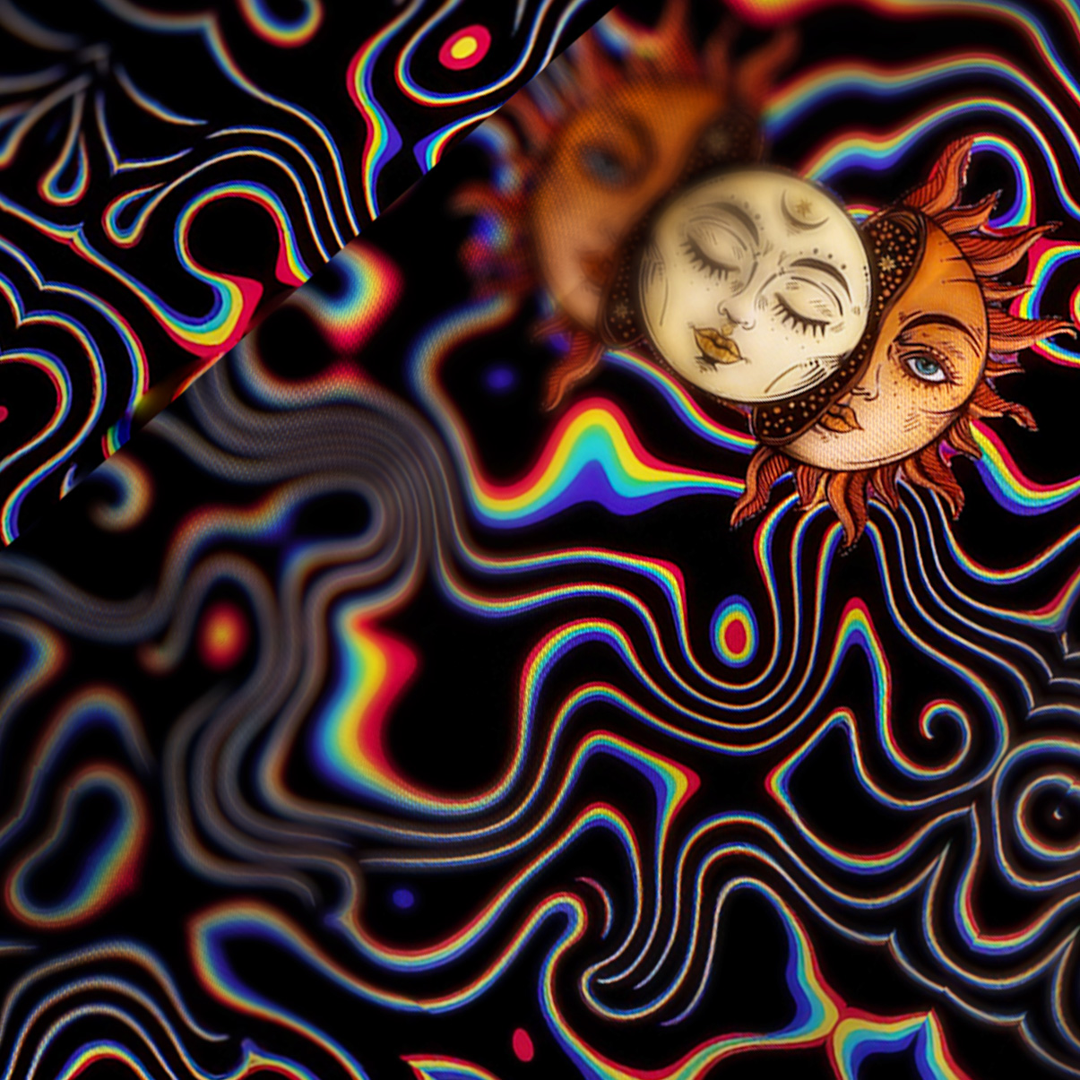 Purplehecate Psychedelic Sun and Moon Satin Cross Back Mini Dress