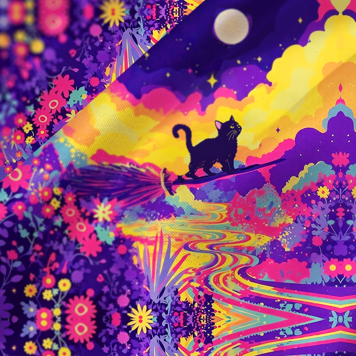 Purplehecate Midnight Cosmic Cat Fantasy Satin Cross Back Mini Dress