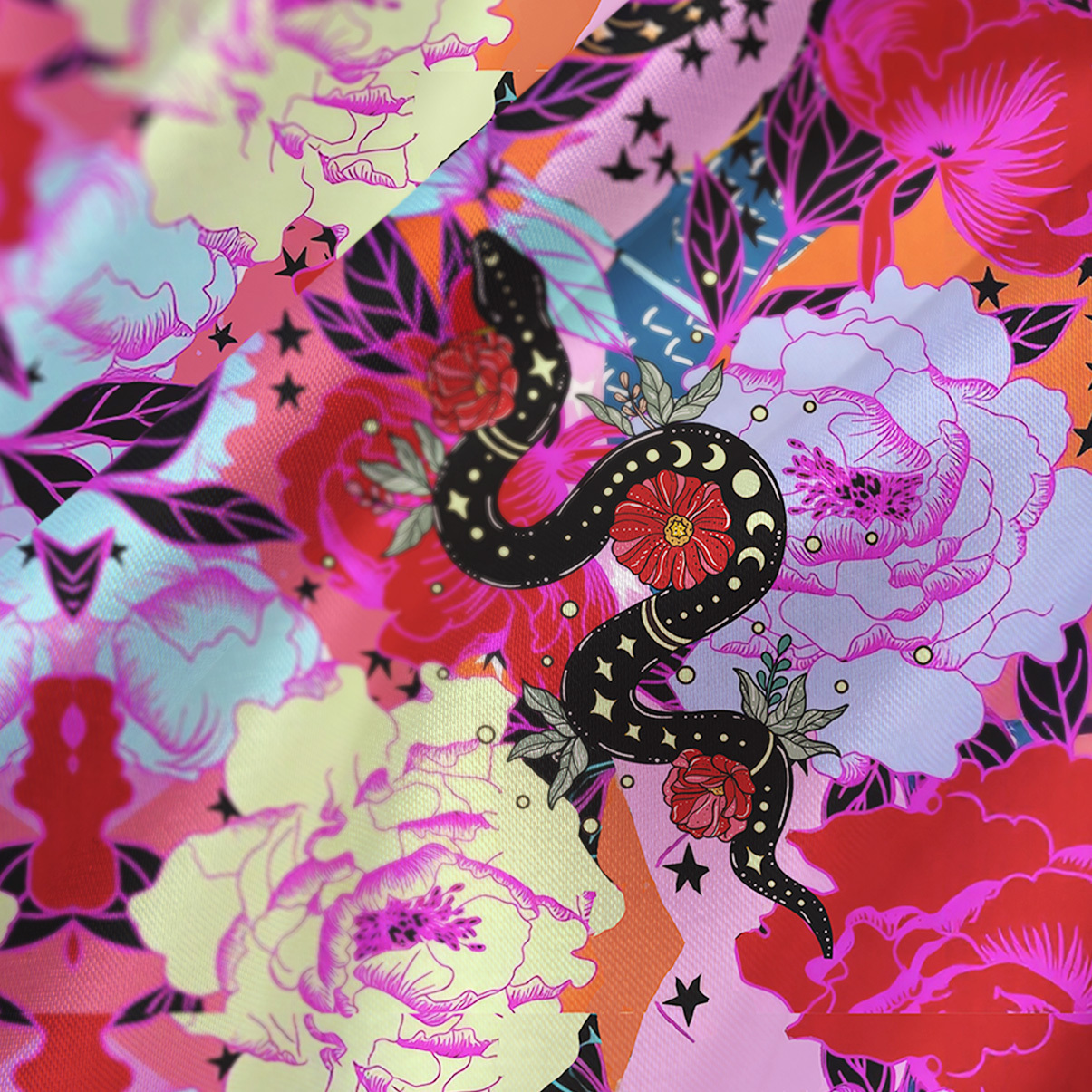 Purplehecate Enchanted Black Serpent & Floral Pattern Satin Cross Back Mini Dress