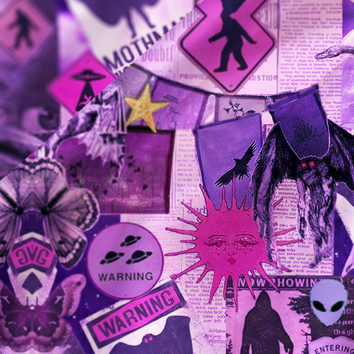 Purplehecate Cryptid Warning Collage Satin Cross Back Mini Dress